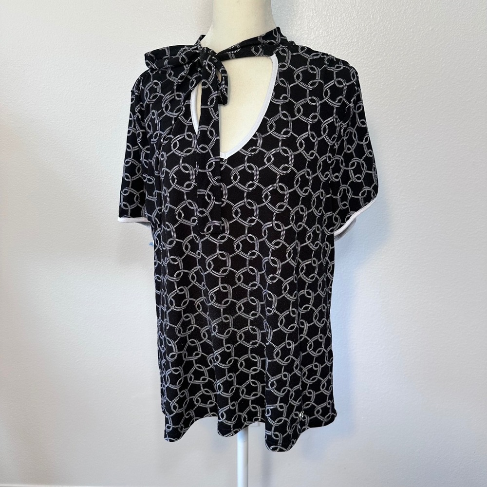 Casual Boho Brunch Tie Neck Top Women XL Black White VK32739